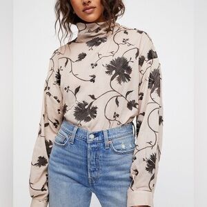 Free people brown embroidered floral button side neck top